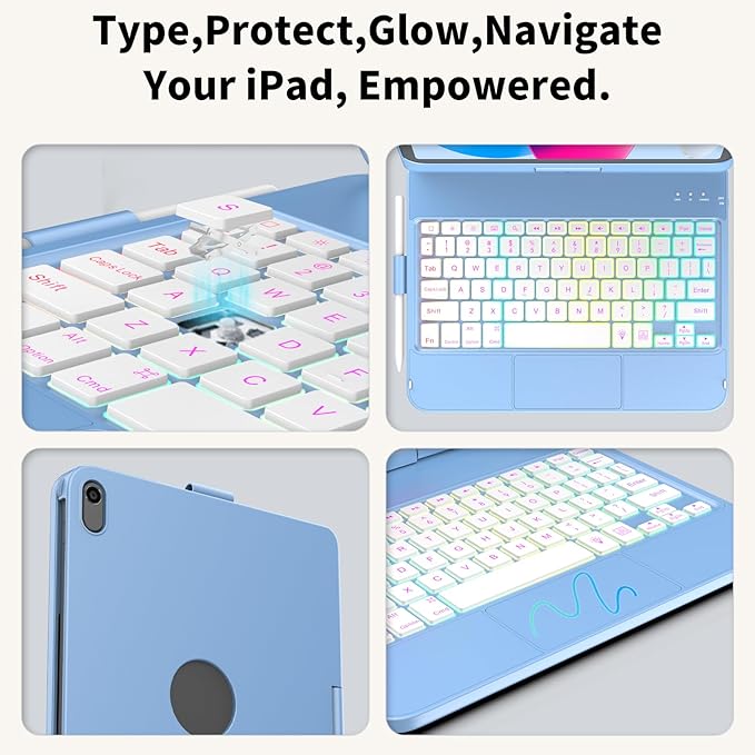 HOTLIFE for iPad A16 11th Generation/10th Generation Case with Keyboard,Touch Keyboard for iPad 11" /10th Gen 10.9 inch 2022-10 Color Backlight, 360° Rotatable Protective Cover (Ocean Blue)