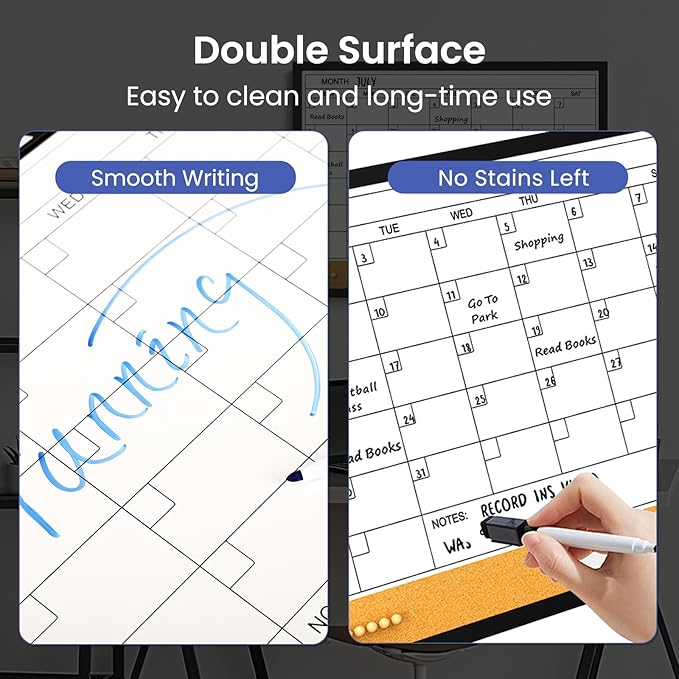 Dry Erase Calendar Cork Board Combo, 18 x 24 Inches Monthly Calendar Whiteboard for Wall, Magnetic White Board with Wood Framed, Hanging Dry Erase Board for Kitchen Home Office School Planner