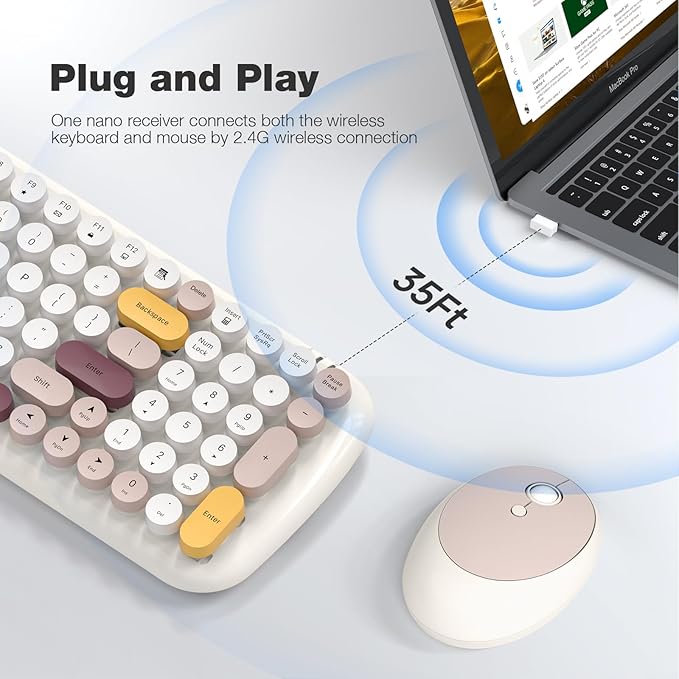 MOFII Wireless Keyboard and Mouse, Typewriter Full Size Keyboard with Number Pad and 2 in 1 USB Connected Mouse for Mac, Windows 7/8/10, Laptop, Desktop, PC, Computer (Off-White)