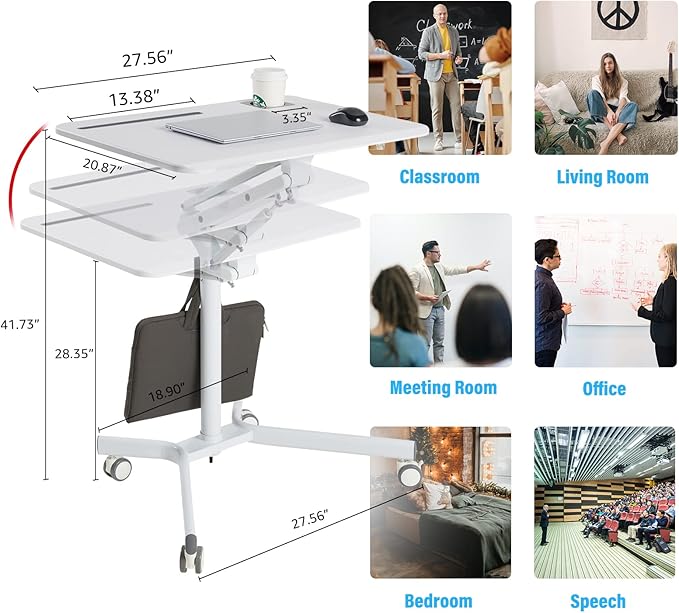 Lipo Mobile Sit Stand Desk - Height Adjustable Standing Laptop Desk Cart Rolling Couch Table on Wheels White Workstation with Gas Spring Riser for Home Office Classroom