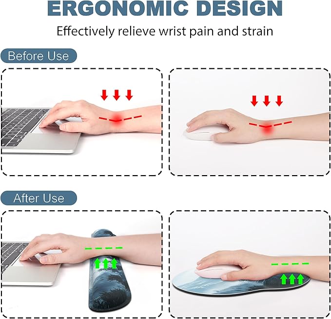 Ergonomic Mouse Pad with Wrist Rest and Keyboard Wrist Rest, Mousepad and Wrist Rest for Computer Keyboard, Pain Relief, Non-Slip Rubber Base, Mouse Pad with Wrist Support for Gaming, Cloud Forest