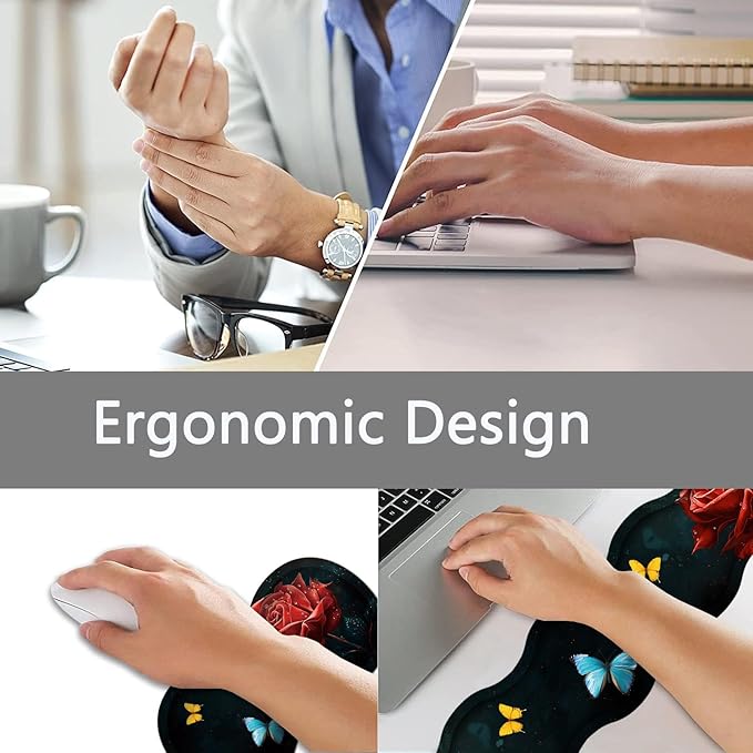 Large Gaming Mouse Pad + Keyboard Wrist Rest + Wrist Support + Coaster Set, Memory Foam Ergonomic for Easy Typing, XXL Extended Gaming Mouse Pad Table Pad - Starry Red Rose