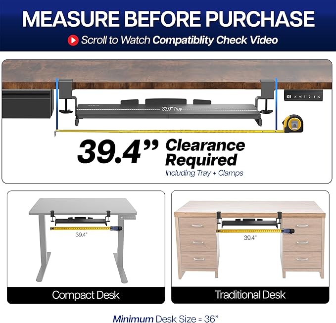VIVO Extra Long Clamp-on Computer Keyboard and Mouse Under Desk Slider Tray, 34 x 11 inch Pull Out Platform Drawer, Rustic Vintage Brown, MOUNT-KB15EN