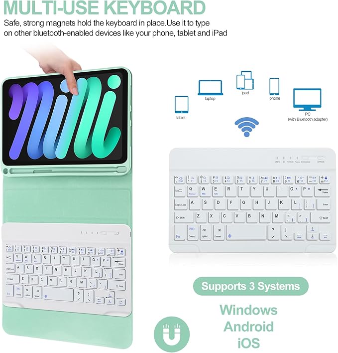 BORIYUAN iPad mini 6 Keyboard Case 2021, Detachable Wireless Bluetooth Keyboard Slim Folio Smart Cover with Build-in Pencil Holder for iPad mini 6th Generation 8.3 inch – Light Green