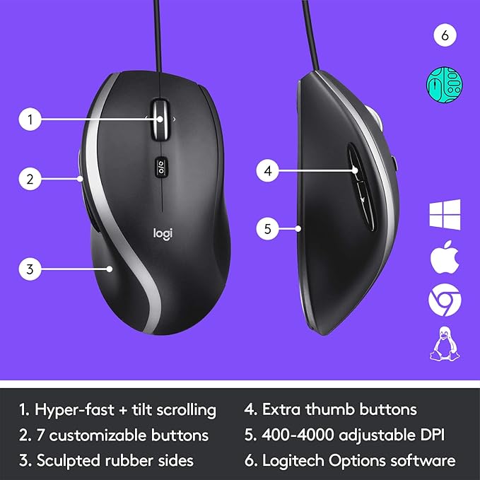 Logitech M500s Advanced Corded Mouse with Advanced Hyper-Fast Scrolling & Tilt, Customizable Buttons, High Precision Tracking with DPI Switch, USB Plug & Play