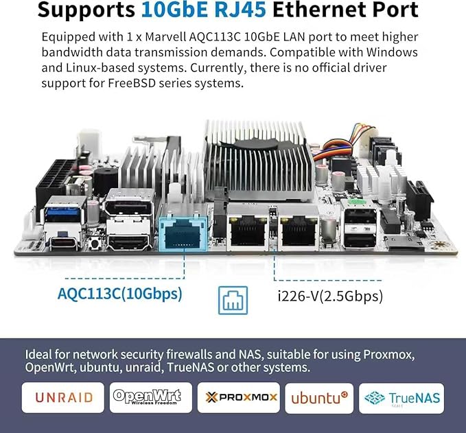 8-Bay NAS Mini ITX 10Gbps NAS Motherboard Adaptable to Support 8sata One 10Gbps Electrical Port Two 2.5G Electrical Ports Two m.2 nvme Two pcie3.0 Type-c 10Gbps (N150+2x8643)