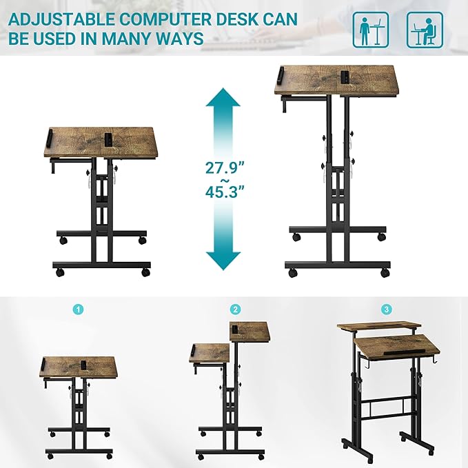 Klvied Rolling Mobile Desk with Cup Holder, Portable, Adjustable Height Small Stand up Desk on Wheels for Home Office Laptop Cart, Computer, Standing or Sitting,Oak