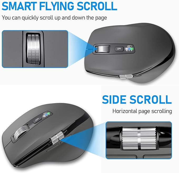 Wireless Side Scroll Mouse with Multi-Device, Ergonomic Computer Mice with Smart Flying Scroll, Quiet Click, 4-Level DPI for Computer, Laptop, iPad, Tablet, MacBook (Grey)