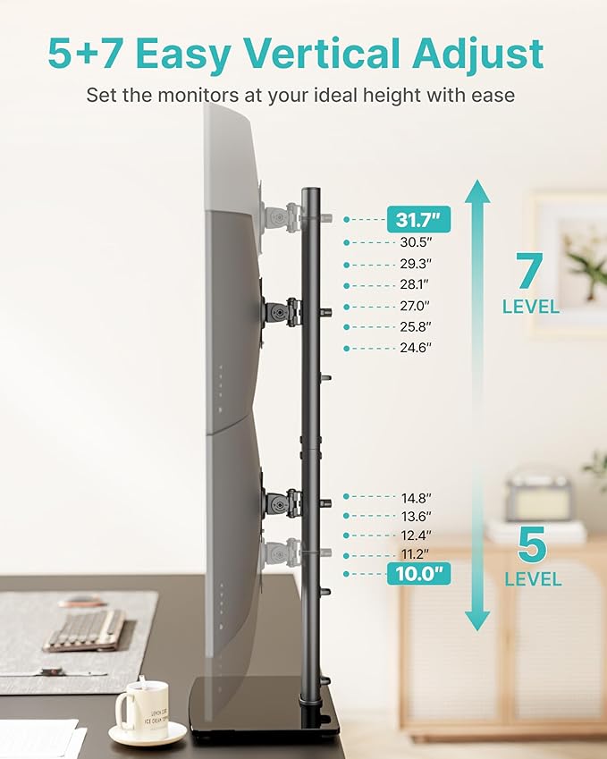 Vertical Dual Monitor Stand for 17–34 Inch Screens, Stacked Monitor Mount, Holds up to 33 lbs per Arm, Tabletop Screens Riser with Full Motion, 33.3" Pole 12 Height Settings, 75/100 VESA