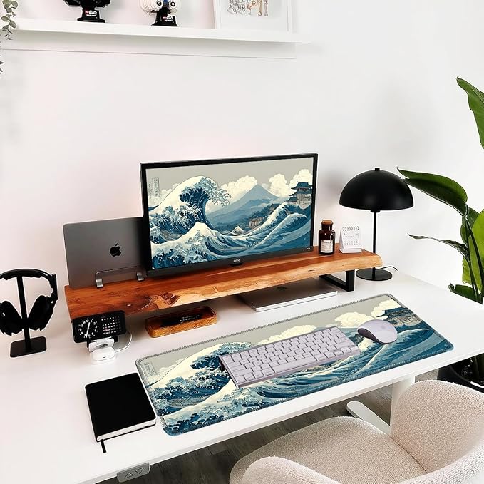 Kanagawa Wave Surfing Mouse pad,Large Japanese Anime Pattern Desk mat with Sewn Edges, microwoven Fabric, Easy to Clean, Suitable for Laptop Gaming Mouse pad (31.5×11.8in)