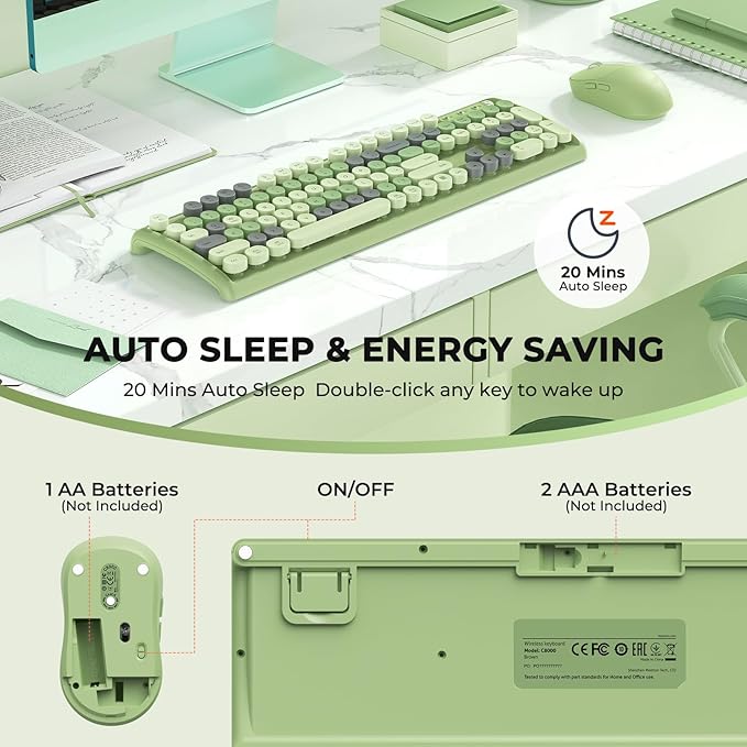 Colorful Wireless Computer Keyboards Mouse Combos,Full-Size Retro Typewiter Keyboard, 4 Level DPI Adjustable Wireless Mouse, 2.4GHz Connection with Optical Mouse, Green