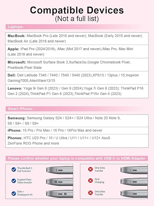 QGeeM USB C to HDMI Adapter 4K Cable, USB Type-C to HDMI Adapter [Thunderbolt 3/4] HDMI for Laptop MacBook Pro/Air, iPhone 15 16 17 Pro max, Dell XPS, Pixelbook, iMac,Thinkpad,Surface,IPad Pro.