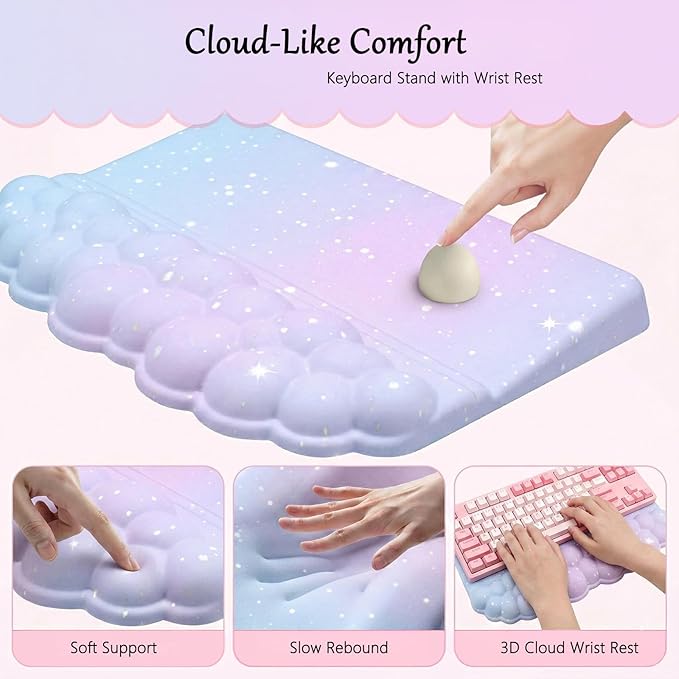 Computer Keyboard Stand Pad with Wrist Rest Purple Blue Cloud Keyboard Pad Support with Comfortable Galaxy Stars Wrist Pad Cute Girl Ergonomic Tilted Keyboard Riser Holder for Desktop Office Home