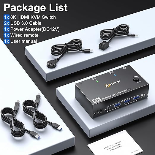 HDMI KVM Switch 2 Monitors 2 Computers 8K@60Hz 4K@144Hz, USB 3.0 Dual Monitor KVM Switch for Running 2 Computers Across 2 Monitors, Sharing 4 USB 3.0 Devices, with Wired Remote & USB Cable