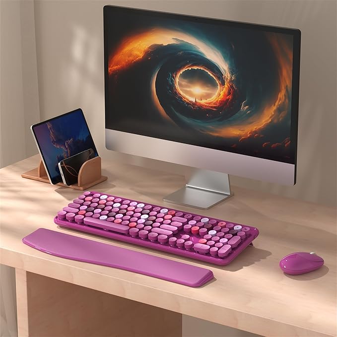 Colorful Wireless Computer Keyboard and Mouse Combo with Phone Holder, Wrist Rest, Typewriter Keys, 2.4GHz Wireless, Full-Sized Optical Mouse for PC and Laptop (Rose-Red)