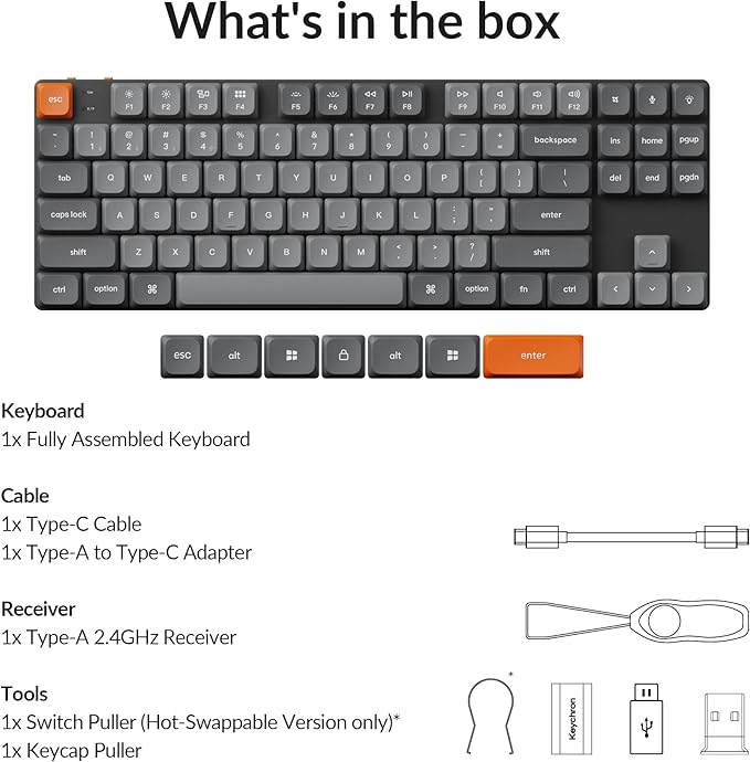 Keychron K1 Max Ultra-Slim QMK/VIA Bluetooth Wireless/USB Wired Custom Mechanical Keyboard, 2.4 GHz Hot Swappable TKL Layout RGB Backlight Ergonomic Keyboard with Low-Profile Gateron Brown Switch