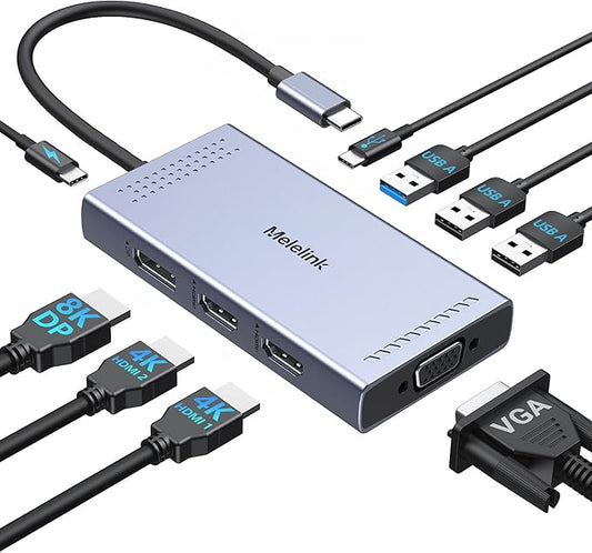 USB C Docking Station Dual HDMI Monitor Adapter, Melelink USB C Hub 3 Monitors with 2X HDMI 4K, 8K Displayport, VGA, 100W PD, USB C&A Ports, 9 in 1 Laptop Docking Station for Dell, HP, Lenovo, etc