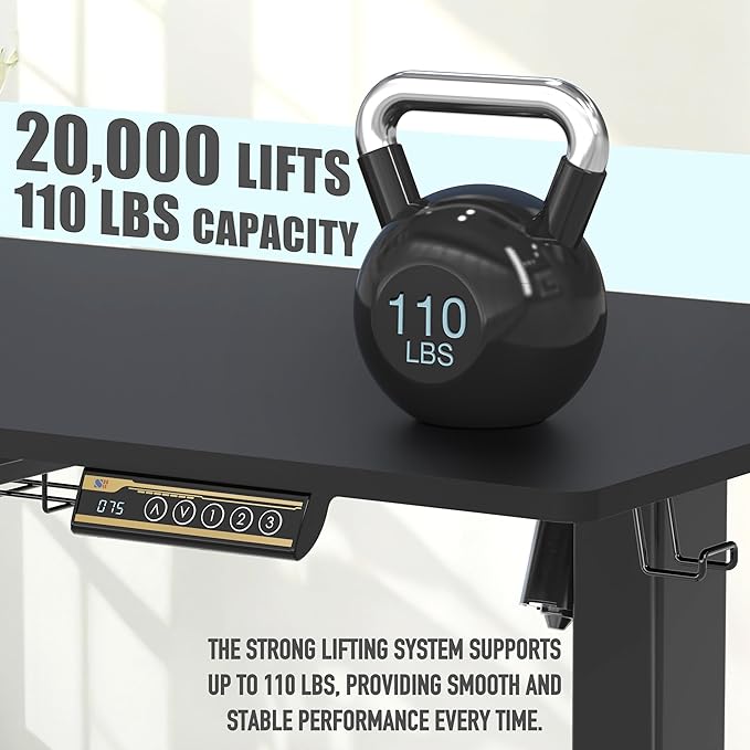 SHW 40 x 22 Inches Electric Height Adjustable Sit to Stand Desk with Hanging Hooks and Cable Management, Black Frame and Black Top