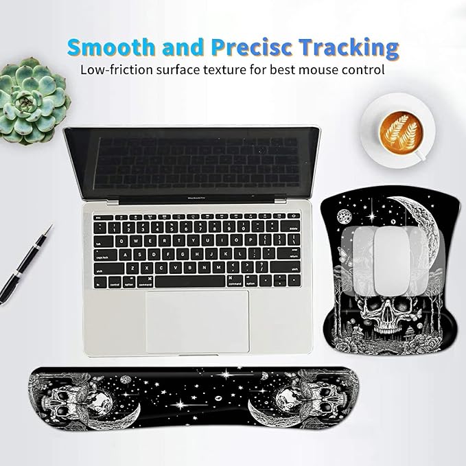 Ergonomic Mouse Pad with Wrist Support Gel Mouse Pads and Upgrade Keyboard Wrist Rest Pad Set, Coasters Non-Slip PU Base Mouse Mat for Office Gaming Computer Laptop Home, Skull Moon Butterfly