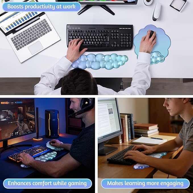 Keyboard Wrist Rest with Gel Cloud Mouse Pad - Ergonomic Cloud Mouse Pad with Non-Slip Base, Cute Desk Accessories for Office/Home/Desktop/Latop