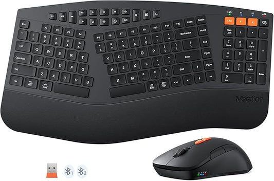 MEETION Ergonomic Keyboard and Mouse, Multi-Device Bluetooth Keyboard and Mouse Wireless, 4 DPI Adjustable Mouse, Full-Sized Split Keyboard, for PC/Computer/Laptop/Tablet/Window/Mac (2025 Upgrade)