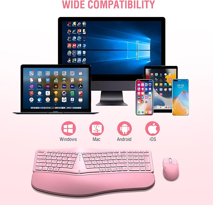 Ergonomic Wireless Keyboard Mouse Combo, EDJO Bluetooth/2.4G Dual Channel, Split Design, Soft Foam Palm Rest, 4 Level DPI Adjustable Wireless Mouse, Rechargeable, for Windows/Mac/Android(Pink)