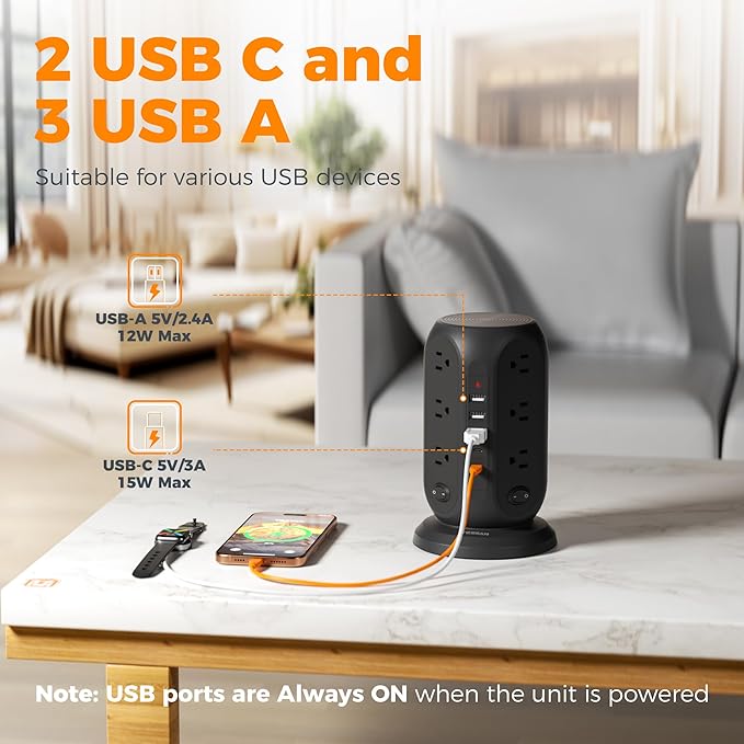 Black Surge Protector Power Strip with 4 Individual Switches, TESSAN USB C Charging Station Power Tower with Flat Extension Cord 10 Ft, 12 Outlets Black Extension Cord, Dorm Room, Office Accessories