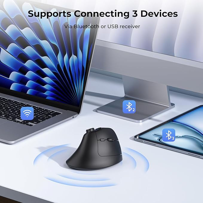 seenda Ergonomic Mouse Wireless, MOU-302 Bluetooth Vertical Mouse Rechargeable, Optical Mice with 1000/1600/2400 DPI, Volume Knob, 3 Multi-Device Connectivity for Computer/PC/Laptop/Mac, Black