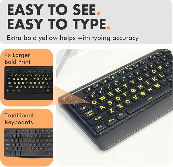 X9 Performance Large Print Wireless Keyboard and Mouse Combo - Easy to See Yellow Letters for Seniors and Low Vision Users - 2.4Ghz Wireless Mouse and Keyboard Combo for PC