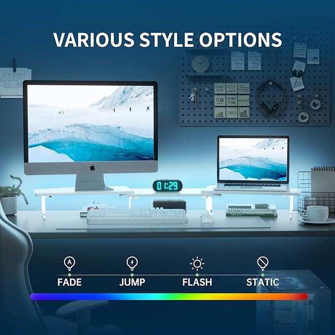 LED Dual Monitor Stand Riser for 2 Monitors,Office Desktop Wooden Stand Adjustable Length and Angle 3 Shelf,Extra Long Multifunctional Stand up to 44.4" for Computer,Laptop,TV,White