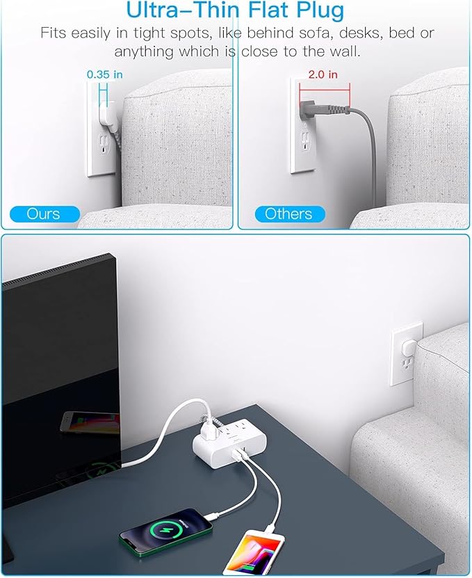 Extension Cord 15 Ft, HANYCONY Ultra Thin Flat Plug Power Strip with 3 Outlets 3 USB Ports (2 USB C), Wall Mount, Multi Plug Outlet Extender Desk Charging Station for Travel Dorm Room Essentials