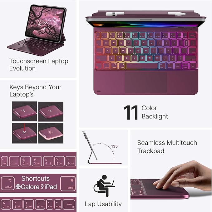 typecase Edge Keyboard Case for iPad 11th Gen A16 (2025) & 10th Gen 10.9" (2022) – Multi-Touch Trackpad, 11-Color Backlit Magic-Style Keyboard – Floating Magnetic Stand, Pencil Holder – Raspberry