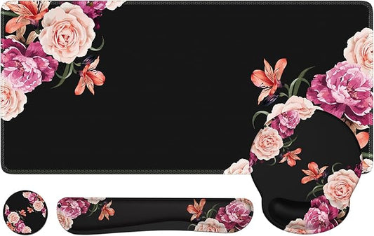 iLeadon Mouse Pad Set, Desk Mat + Mouse Pad with Wrist Rest + Keyboard Wrist Rest + Coaster, 4in1 Mouse and Keyboard Pad Set for Home Office, Peony Flowers