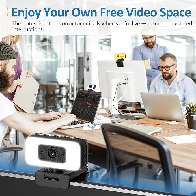 2K Webcam for Laptop, Computer Camera with Light for PC/Desktop/Mac [Light Your Face, Free Your Space] USB Webcam with Auto Anti-Disturb Backlight, Zoom & Flip, Privacy Cover, Microphone