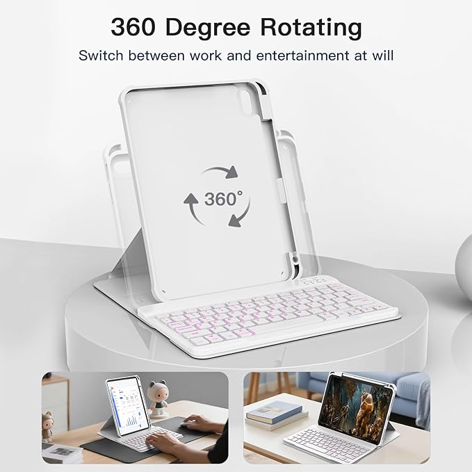 for iPad 11th(A16, 2025)/10th Generation Case with Keyboard, 360° Rotatable Case & Detachable Backlit Keyboard, Precision Cutouts and Pen Holder for iPad A16 11''/10th 10.9'', White