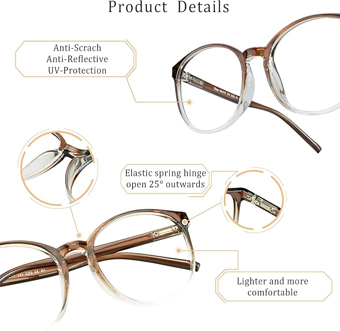 LifeArt Round Blue Light Blocking Glasses, Computer Glasses, Gaming Glasses, TV Glasses for Women Men (Clear Brown, 3.00 Magnification)