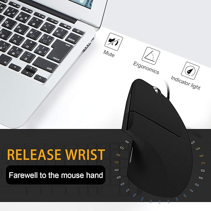 Wired Vertical Mouse, Optical Ergonomic Mouse with 4 Adjustable 800/1200/2000/3200, 5 Buttons USB Computer Mouse, Better for Large and Medium Sized Hands