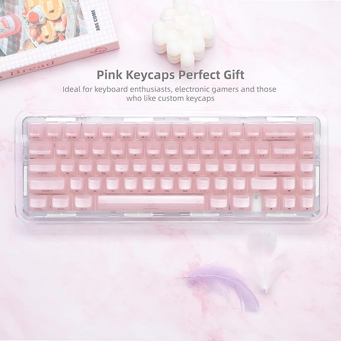 Womier Keycaps Jelly Pink - Ceramic Keycaps Style, Clear Keyboard Key Cap, Transparent Side Printed Custom 60 65 75 100 Percent for Cherry MX, Outemu, Gateron Mechanical Keyboards(MDA Profile)