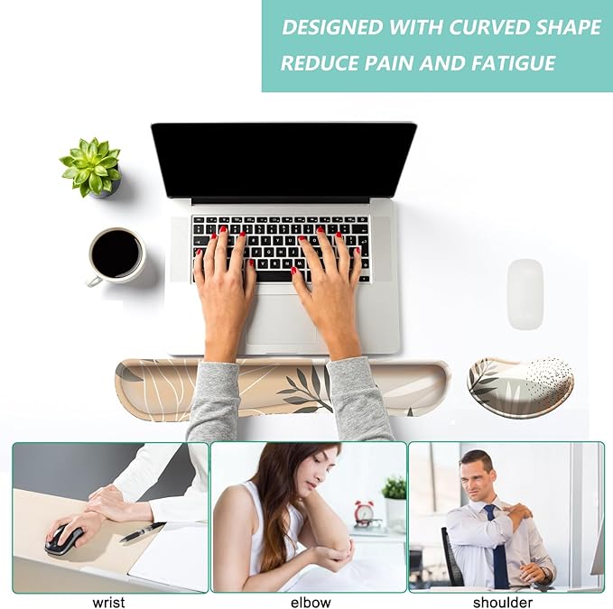 Keyboard Wrist Rest Mouse Wrist Support Set, Memory Foam Wrist Rest Pad for Computer Laptop Keyboard Mouse, Ergonomic Wrist Cushion Support for Typing Pain Relief, Gaming Home Office, Leaves Buff