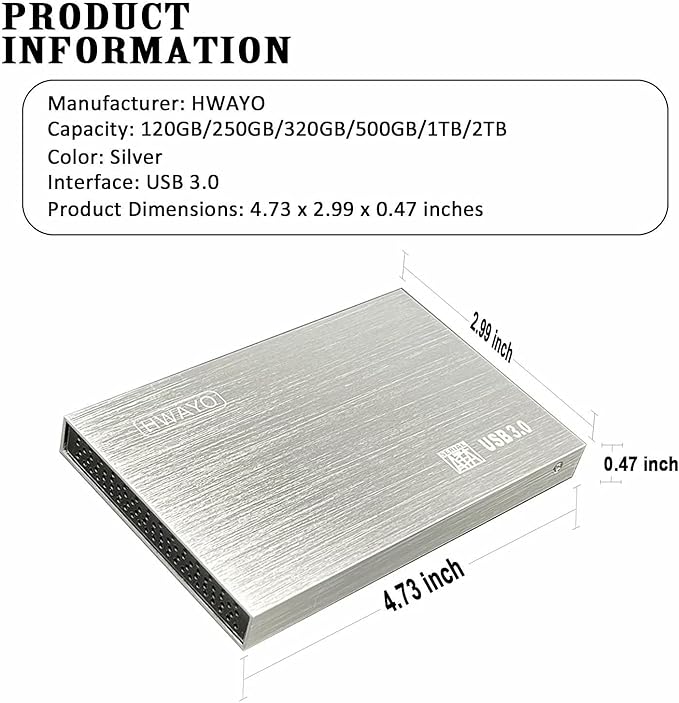 2.5'' HDD 750GB Ultra Slim Portable External Hard Drive USB3.0 Storage for Xbox One Console, PC, Laptop, MacBook (Silver)