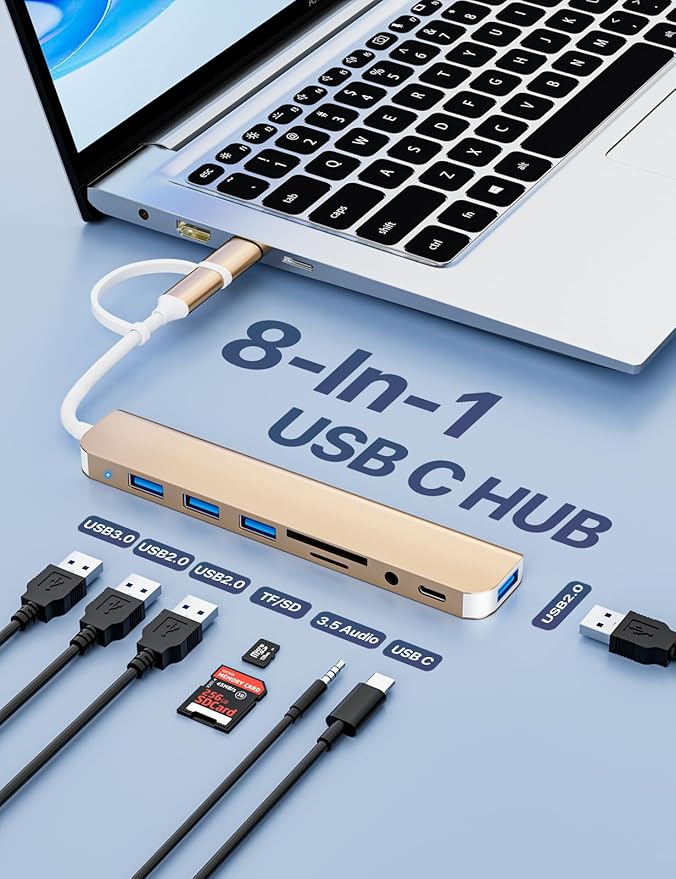 USB C/USB Hub Multiport Adapter,USB 3.0 Hub Aluminum 8 in 1 USB Splitter with SD/TF Card Reader,1 x USB 3.0, 3 x USB 2.0, 1 x USB C,and 3.5mm Audio Output for MacBook Pro Air,iPad Pro,Laptop-Gold