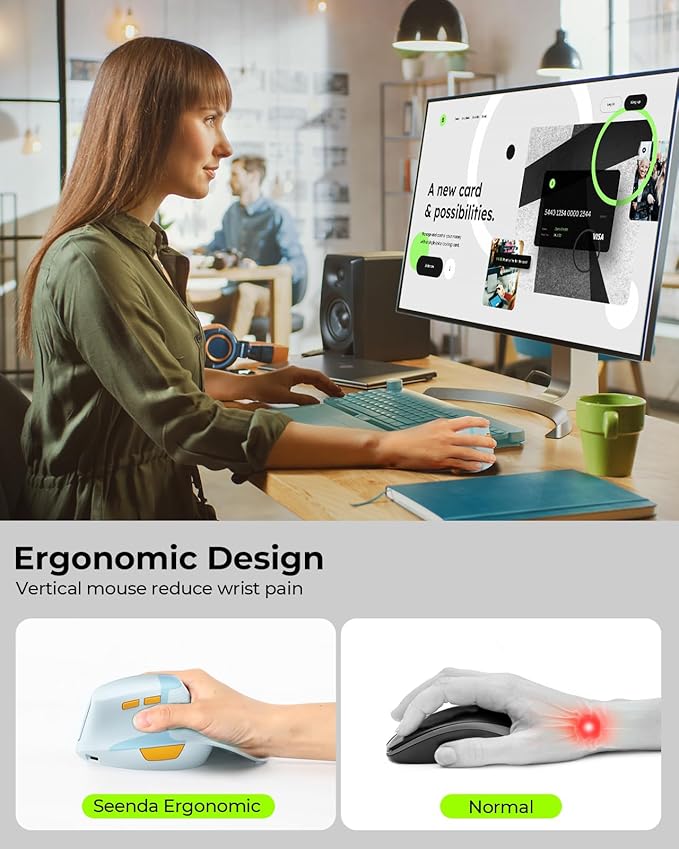seenda Ergonomic Mouse Rechargeable, Multi-Device Connection（2.4G&Type C, Vertical Wireless Mouse with Instant Desktop Return Key, Palm Rest, Anti-Slip Optical Mice for Mac OS, Windows, Blue