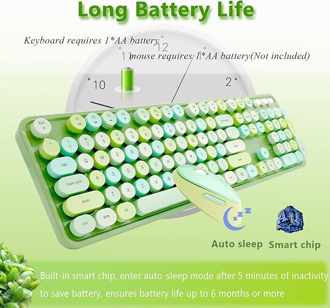 Wireless Keyboard and Mouse Combo, Ergonomic Cute Retro Typewriter Full Size Colorful USB Cordless Keyboard Mouse Set for Gaming and Office (Green)