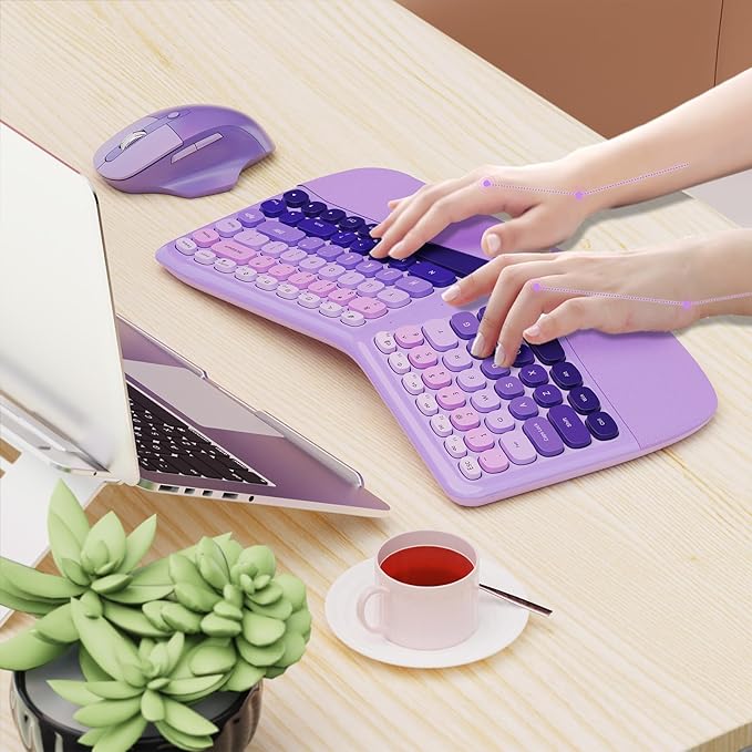 Ergonomic Wireless Keyboard and Mouse, Mechanical Gaming Set with Wrist Rest & OTG & Brush Ideal for Windows PC, Home, Office and College Purple