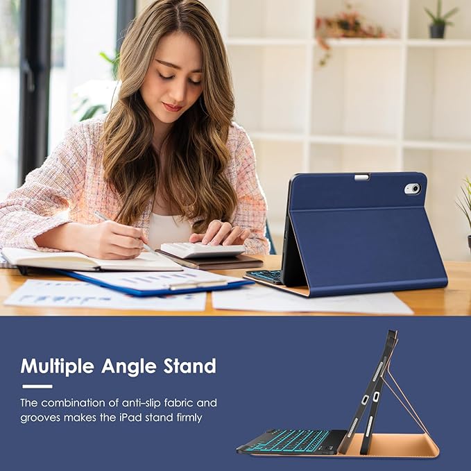 VIKESI Keyboard Case for iPad (A16,2025) 11th Generation/iPad 10th Generation Case (10.9" 2022),Premium Leather Smart Cover,Built-in Breathing Light,Function Row,Pencil Holder,Card Slots - Navy Blue