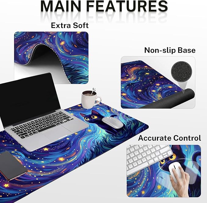 Arttown Cat Star Celestial Desk Mat Galaxy Whimsical Mouse Pad Set 4 in 1 Ergonomic Design Large Mouse Pad + Keyboard Wrist Rest + Mouse Wrist Rest + Coaster Suitable for Home Office Study Game
