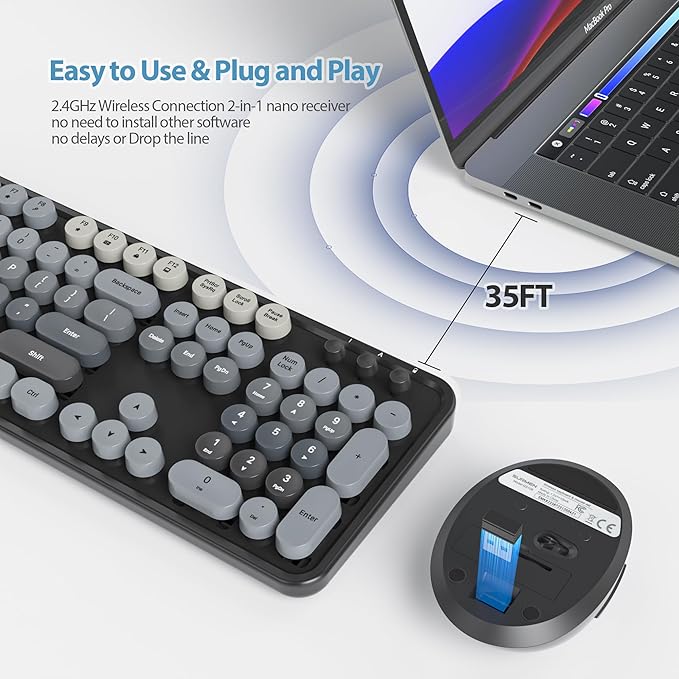 Black Keyboard and Mouse Combo Wireless, 2.4G Full Size 104-Key Retro Typewriter Keyboards Round Keys for Students Teenagers Home Office PC Laptop(Black Gray)