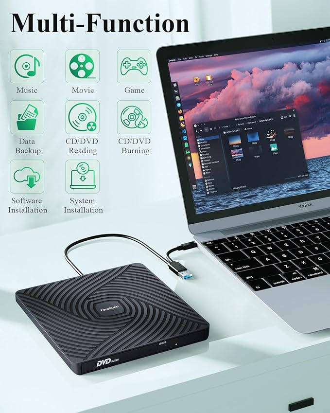 PeroBuno External CD DVD Drive, USB 3.0 Type-C Optical Drive, 0.5-inch Ultra-Slim Portable DVD CD ROM Disc Player Reader Writer Rewriter Burner Recorder for Laptop PC MacBook Windows Linux Mac OS