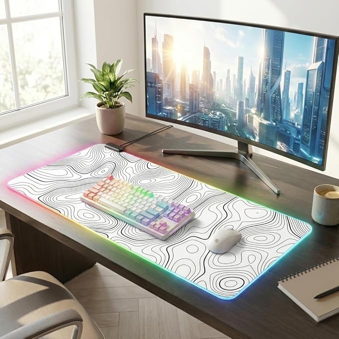 RGB Mouse Pad LED Desk Mat Large Gaming Mousepad White with Black Topographic Line Design, Keyboard Pad XL Mouse Mat for Home and Office(White with Black Topographic Line)