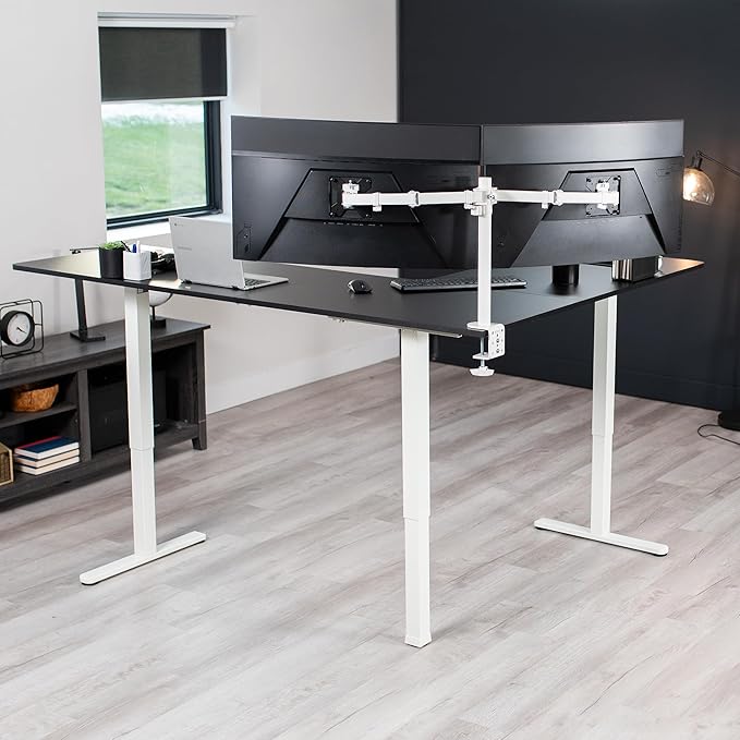 VIVO Corner Standing Desk, 75 x 63 inch Reversible L-Shaped Workstation, Electric Height Adjustment, Home, Office, and Reception Rooms, Black Table Top White Frame, DESK-E3CTWB-75